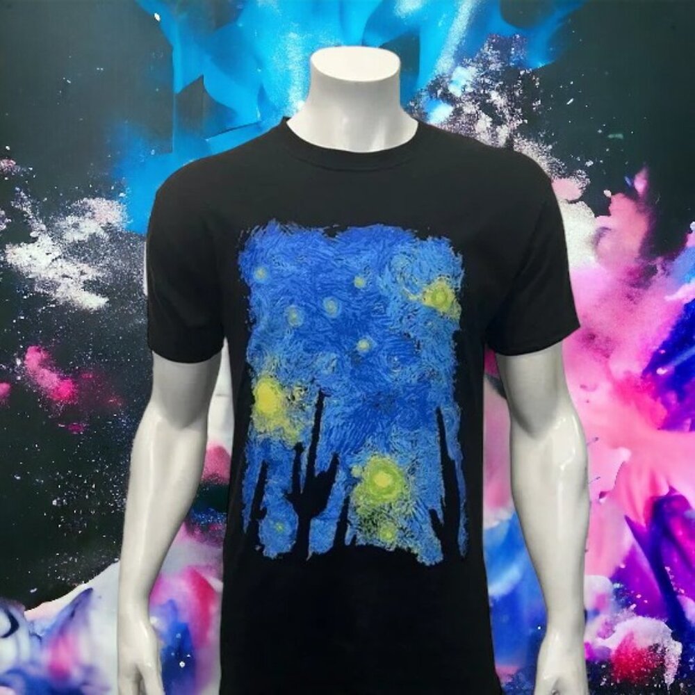 NWOT Vincent Van Gogh Starry Night City Painting Art Black Graphic T-Shirt MD